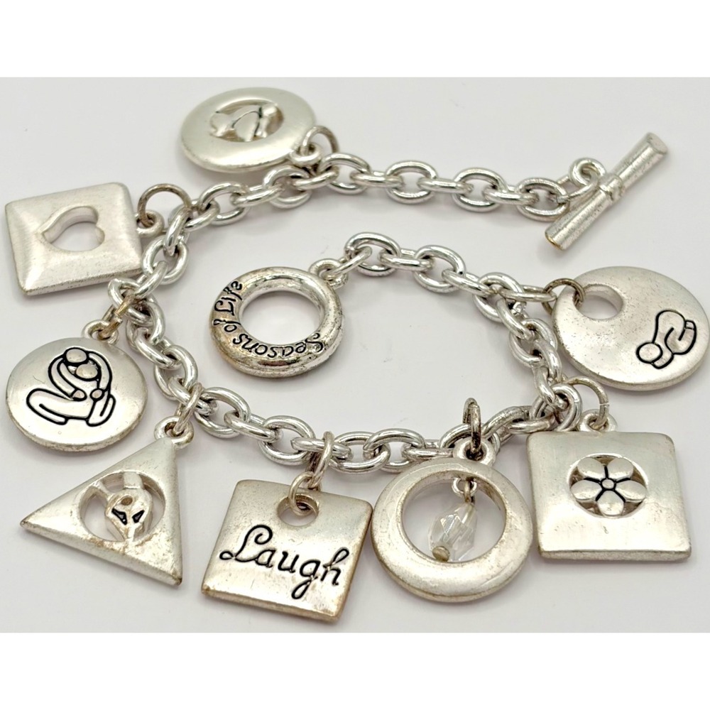 Seasons of Life Silver Toned Laugh Peace Heart Charm Toggle Bracelet